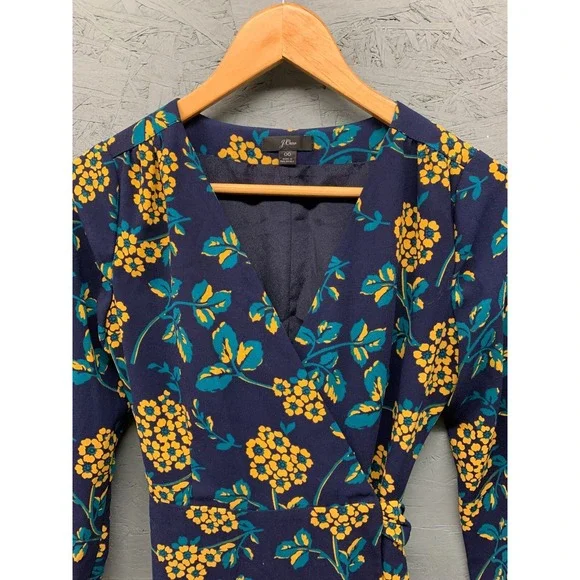 J.Crew Wrap Dress 00 Navy Yellow Floral 3/4 Sleeve Mini V Neck Women's Polyester - Picture 2 of 9